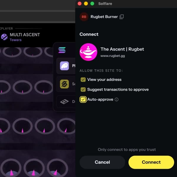 Solflare connection popup with Auto-approve selected for a Rugbet burner wallet